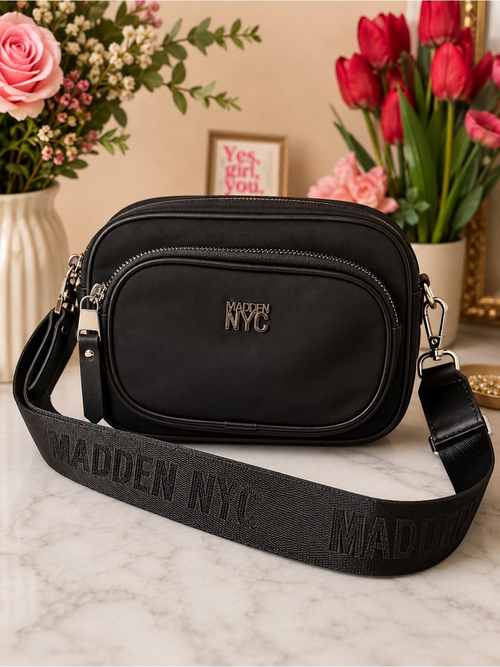 Steve Madden Black Crossbody Camera Bag with Branded Strap